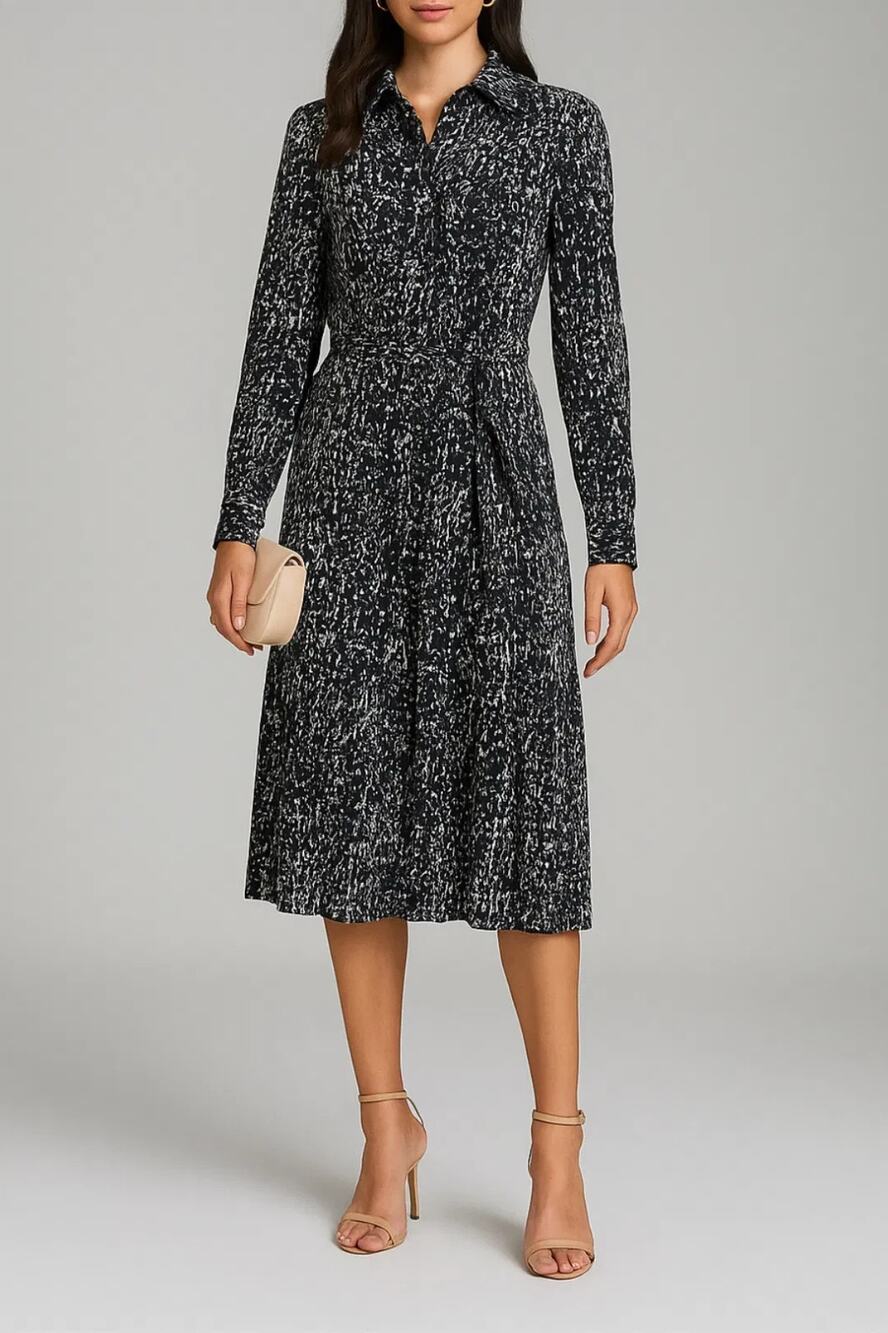 Calvin Klein Printed Textured Satin Midi Shirtdress Black/White Size L 2802